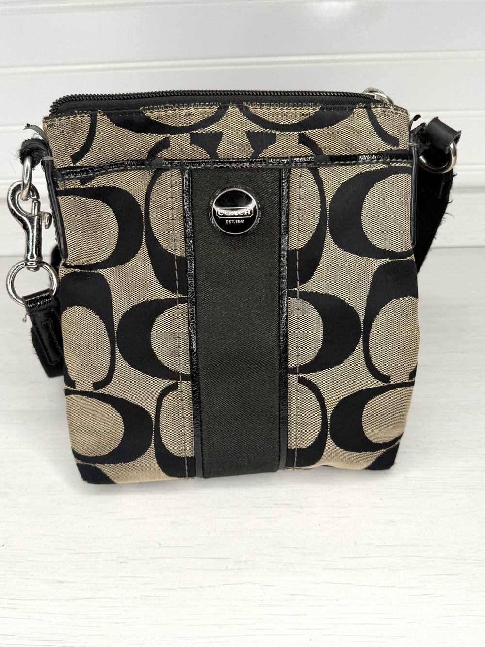 Coach Signature Canvas Crossbody Bag in Khaki/Black - with COA